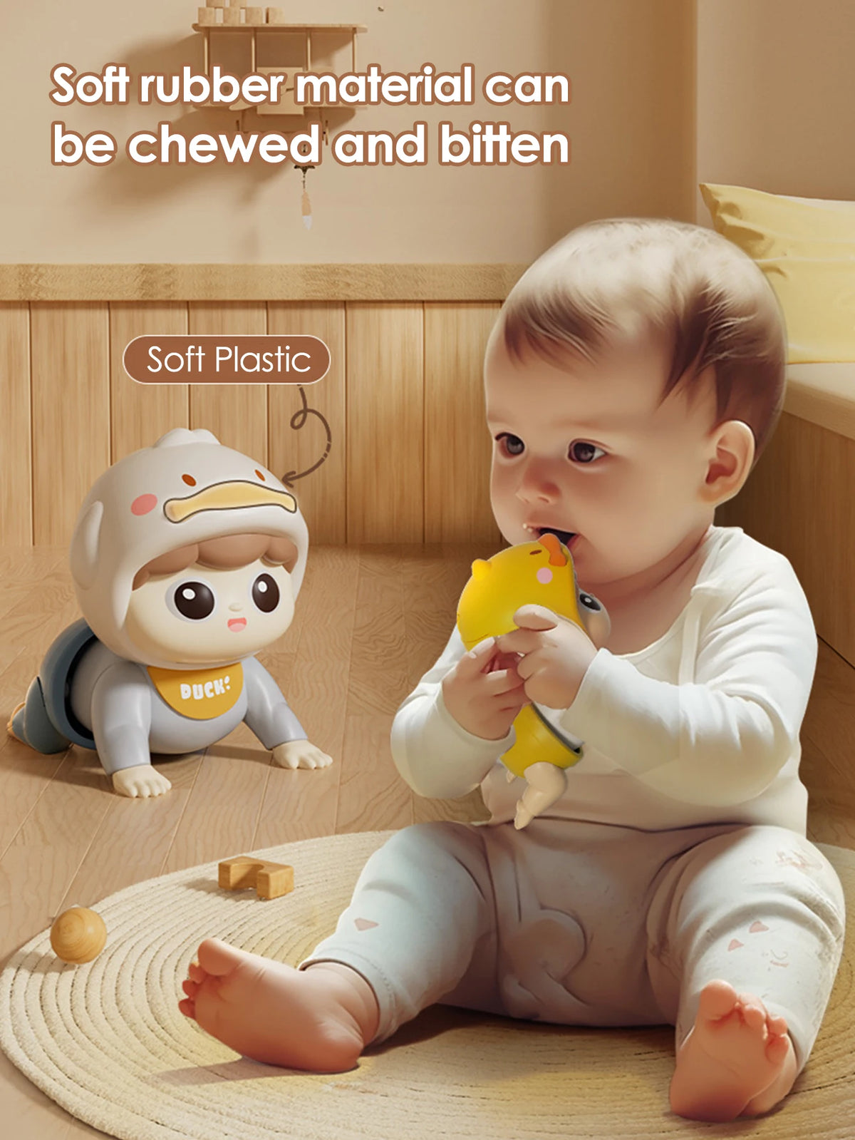 Baby holding a yellow duck toy next to a crawling baby doll in a duck hood