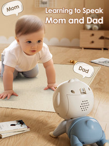 Baby crawling toward a crawling doll with a learning-to-speak Mom and Dad message