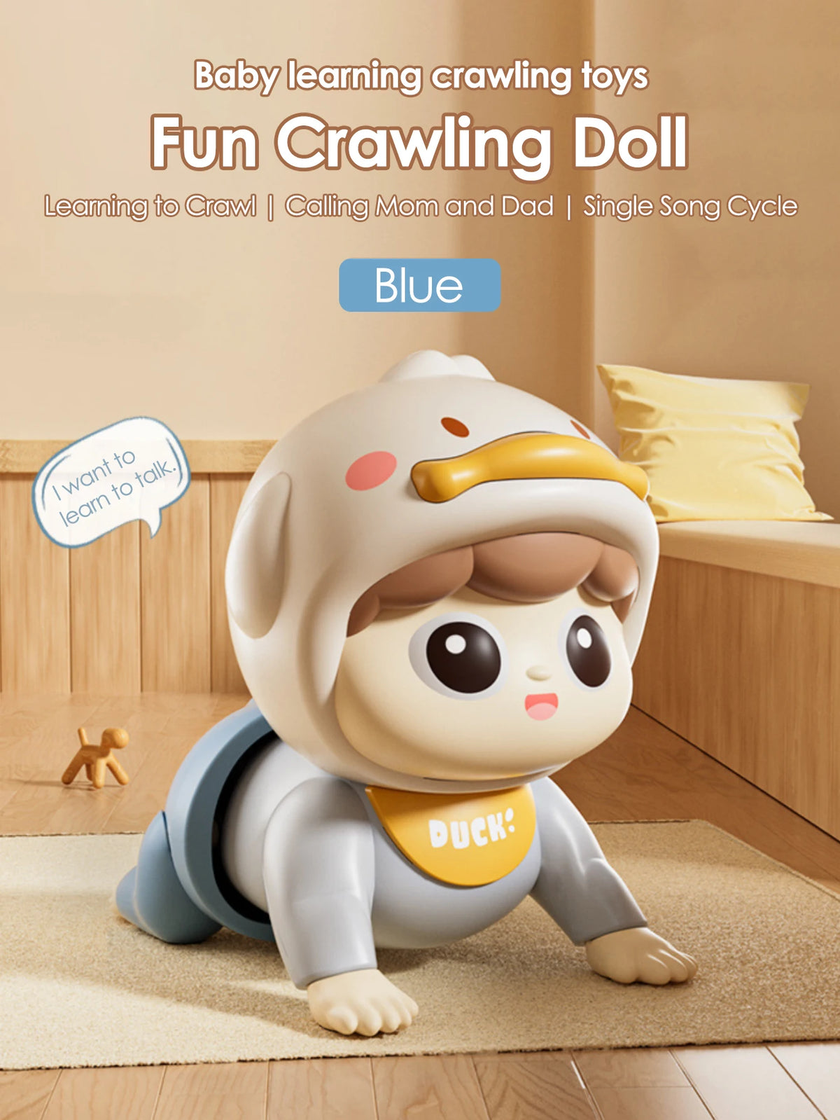 Blue crawling baby doll with a duck hood and a DUCK! bib