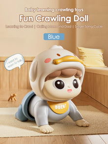 Blue crawling baby doll with a duck hood and a DUCK! bib