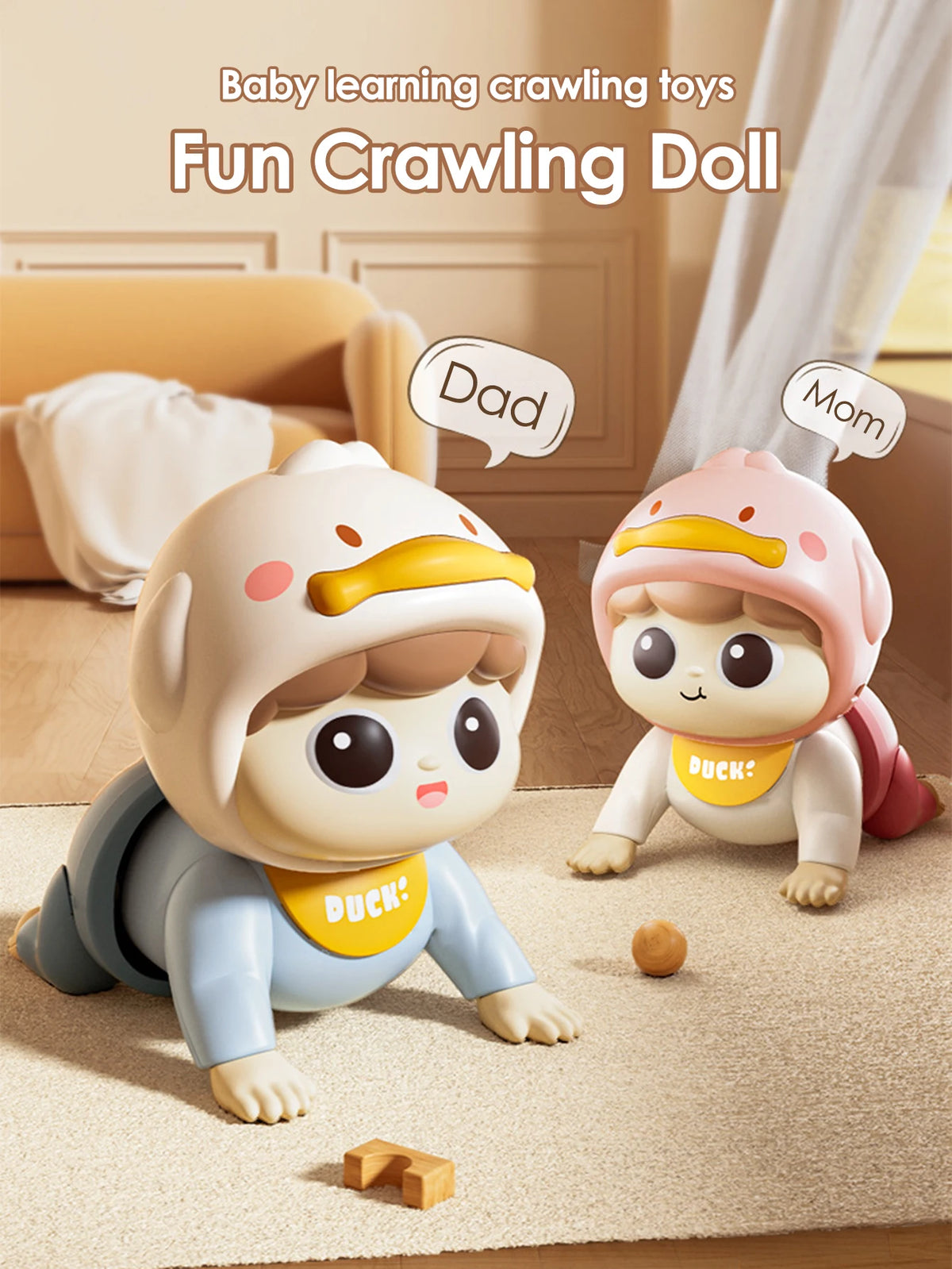 Two duck-hooded crawling baby dolls on a rug with Mom and Dad speech bubbles