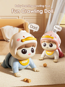 Two duck-hooded crawling baby dolls on a rug with Mom and Dad speech bubbles