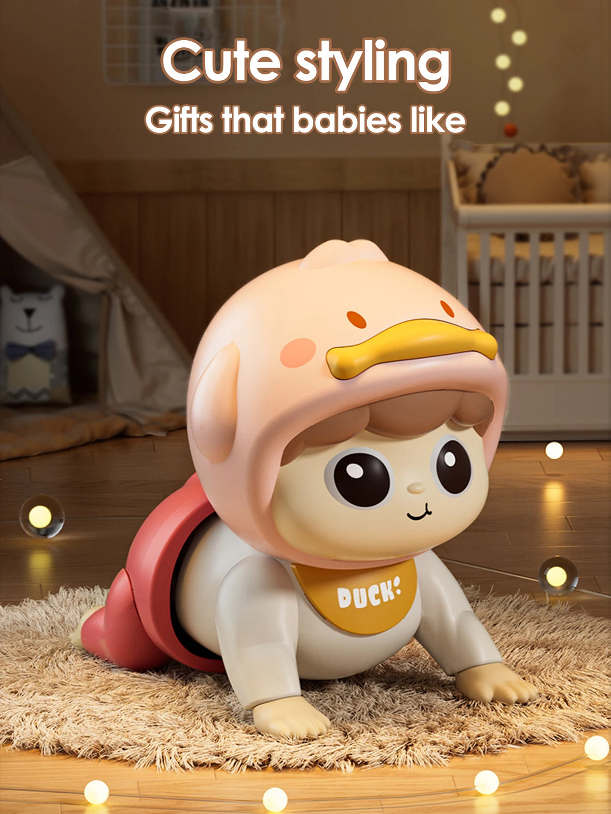 Crawling baby doll in a pink duck hood and red outfit on a rug with fairy lights