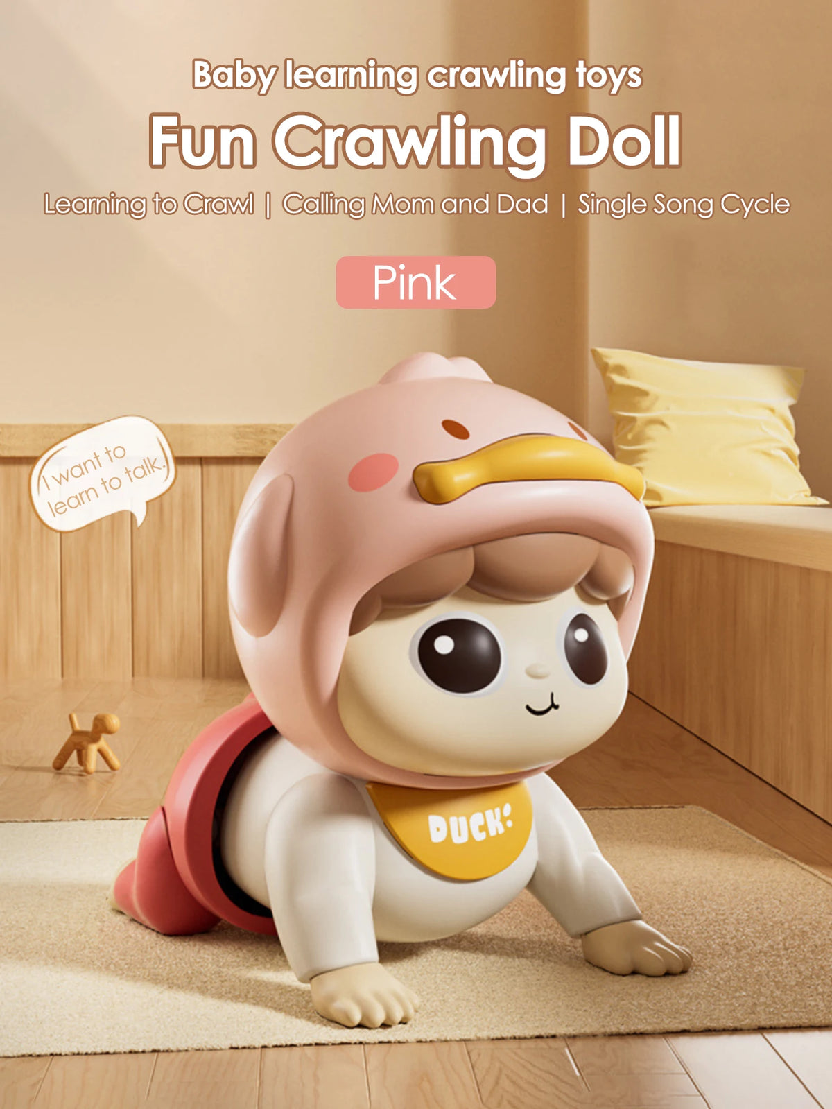 Pink crawling baby doll with a duck hood and a DUCK! bib