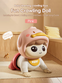 Pink crawling baby doll with a duck hood and a DUCK! bib
