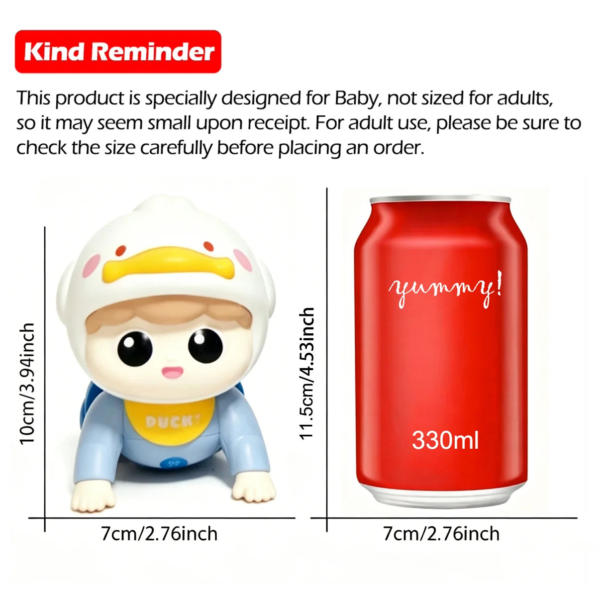 Crawling baby doll with size 10 cm tall and 7 cm wide shown beside a 330 ml can for comparison