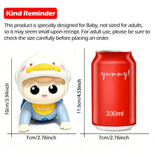 Crawling baby doll with size 10 cm tall and 7 cm wide shown beside a 330 ml can for comparison
