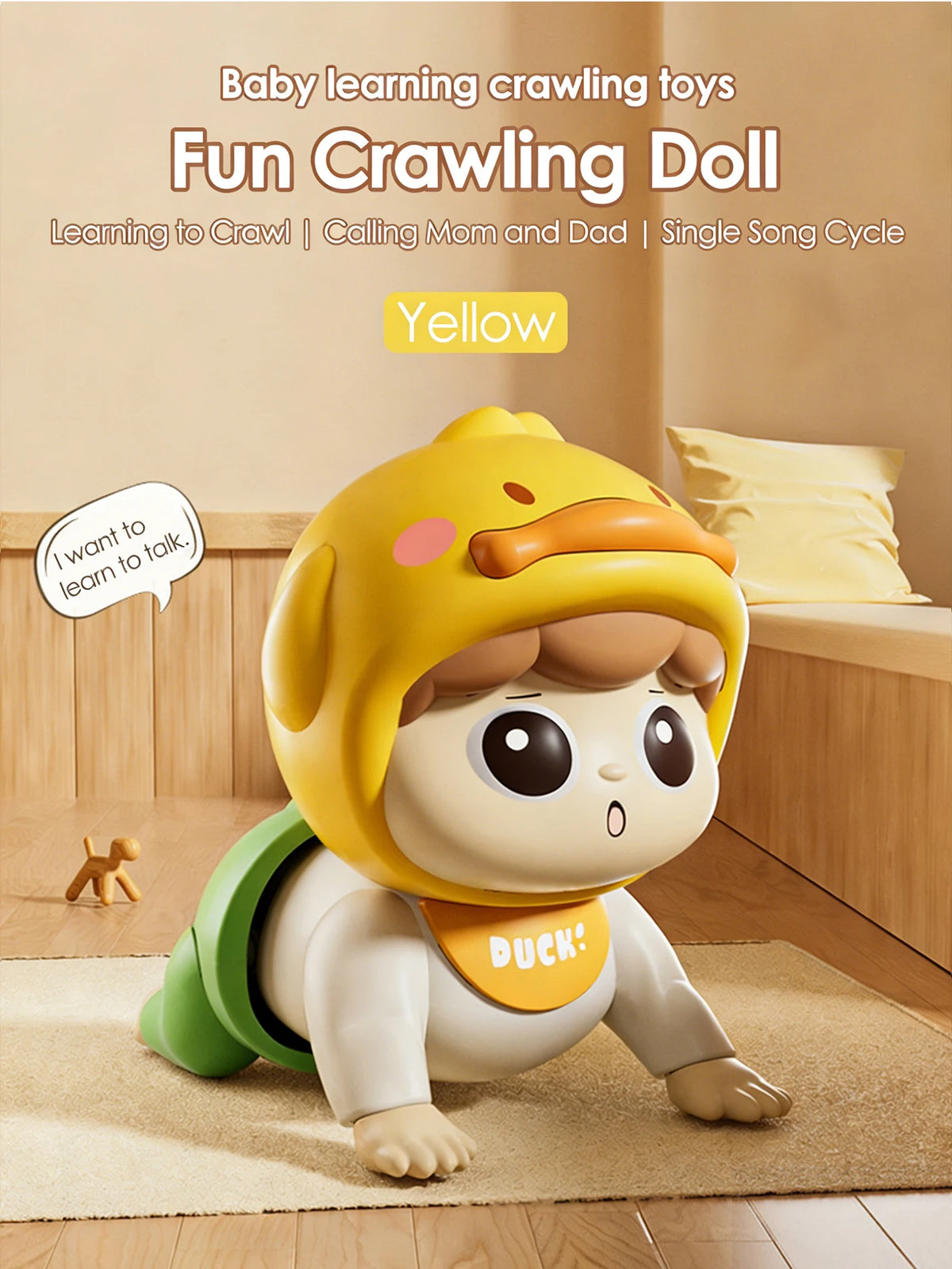 Yellow crawling baby doll with a duck hood and a DUCK! bib