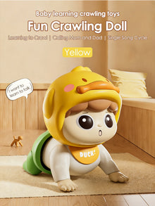 Yellow crawling baby doll with a duck hood and a DUCK! bib