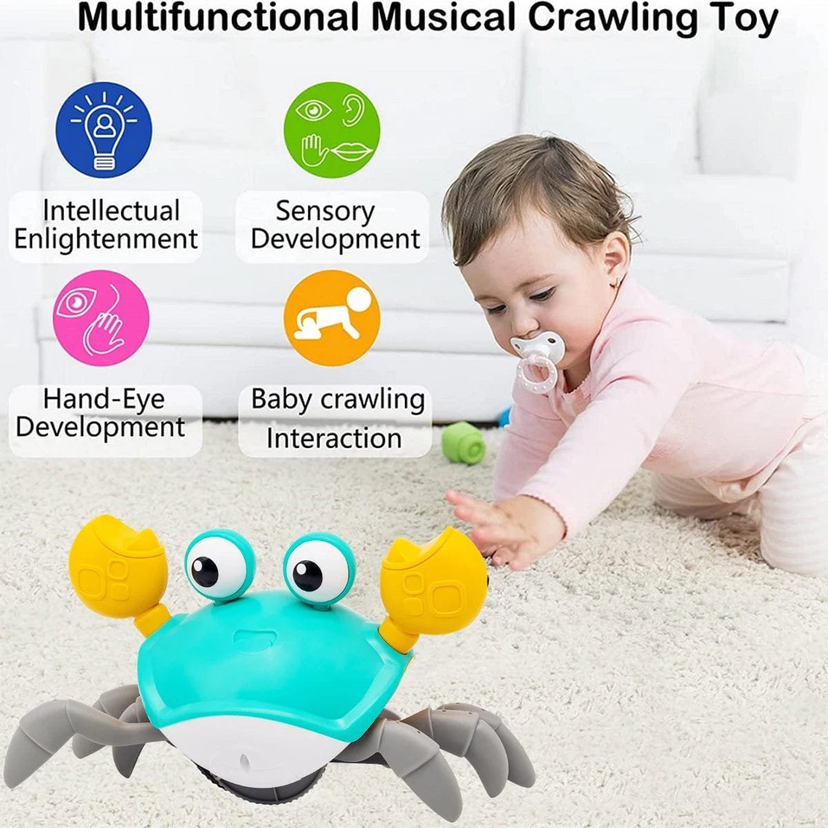 Rechargeable Crawling Crab Toy played with on a carpet to motivate babies during tummy time and crawling milestones.