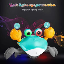 Rechargeable Crawling Crab Toy with light-up eyes for visual stimulation during baby floor play and sensory learning.
