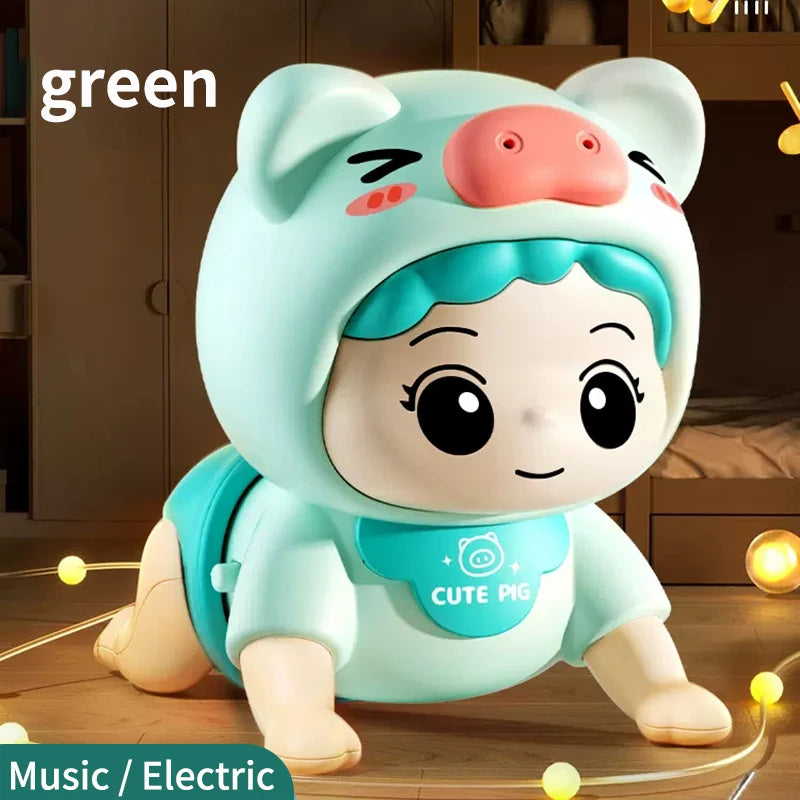 Green crawling baby doll in a pig hood with the words green and Music Electric