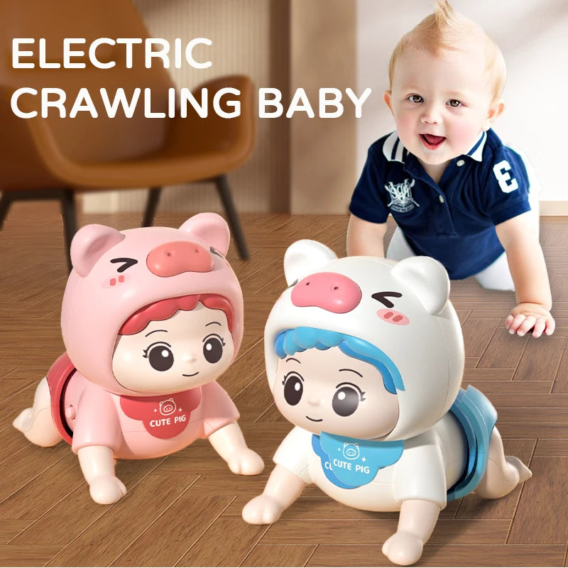 Smiling baby watching pink and white pig-hood crawling dolls under the words Electric crawling baby