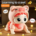 Pink crawling baby doll in a pig hood with the words Learning to crawl, Audio version and speech bubbles