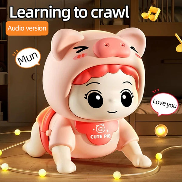 Pink crawling baby doll in a pig hood with the words Learning to crawl, Audio version and speech bubbles