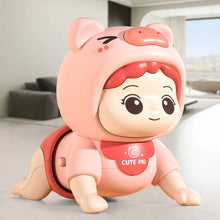 Pink crawling baby doll in a pig hood on a living room floor