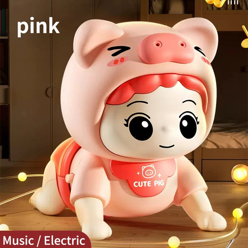 Pink crawling baby doll in a pig hood with the words pink and Music Electric