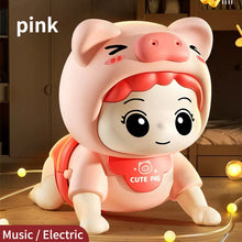 Pink crawling baby doll in a pig hood with the words pink and Music Electric
