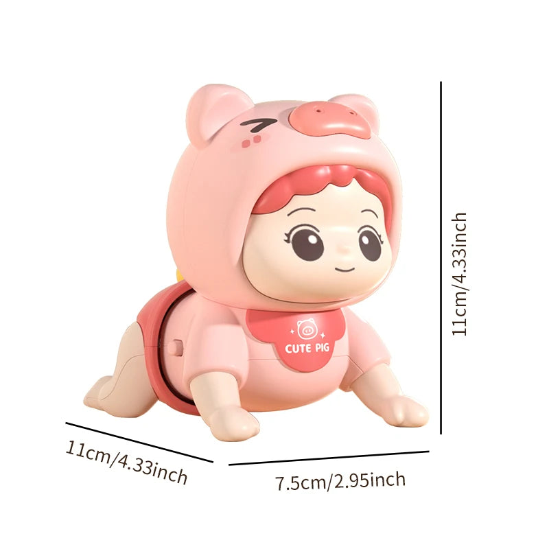 Pink pig-hood crawling doll with size markers of 11 cm, 11 cm and 7.5 cm