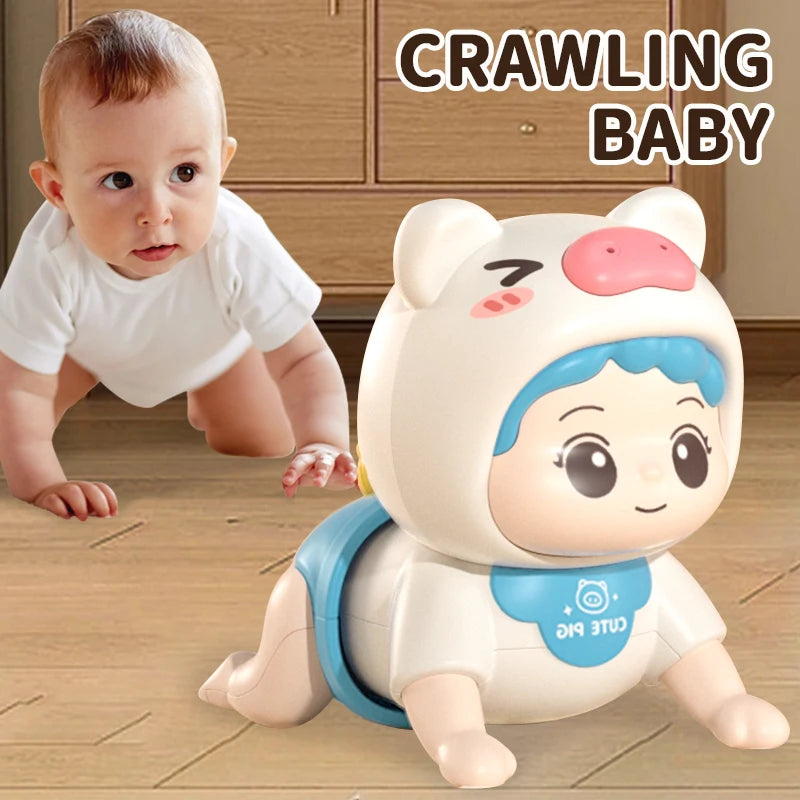 Baby crawling toward a white and blue pig-hood crawling doll under the words Crawling baby