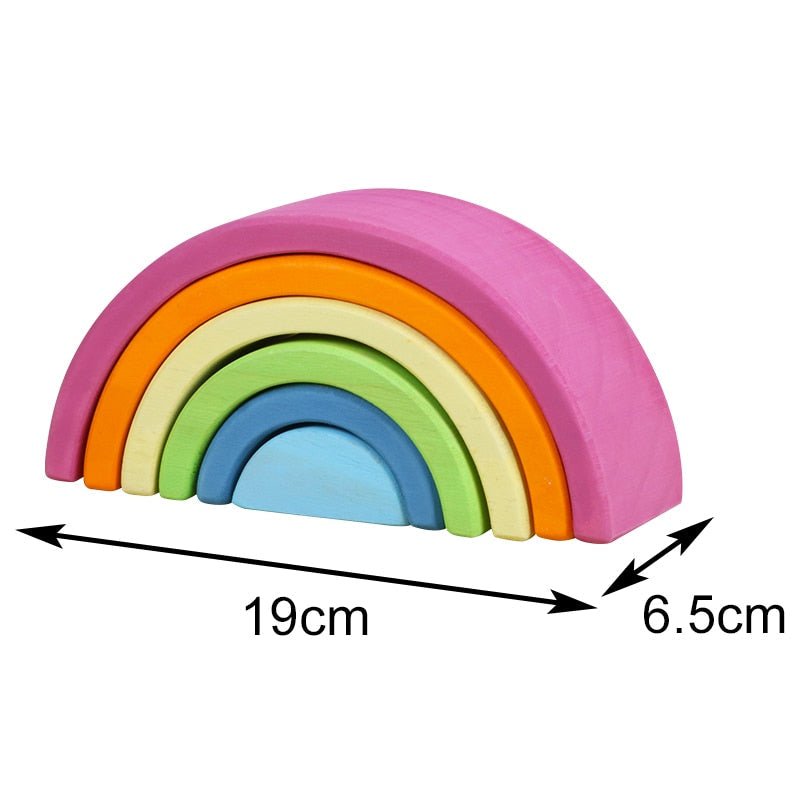 Colorful wooden rainbow toy with measurements.