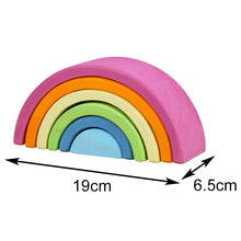Colorful wooden rainbow toy with measurements.