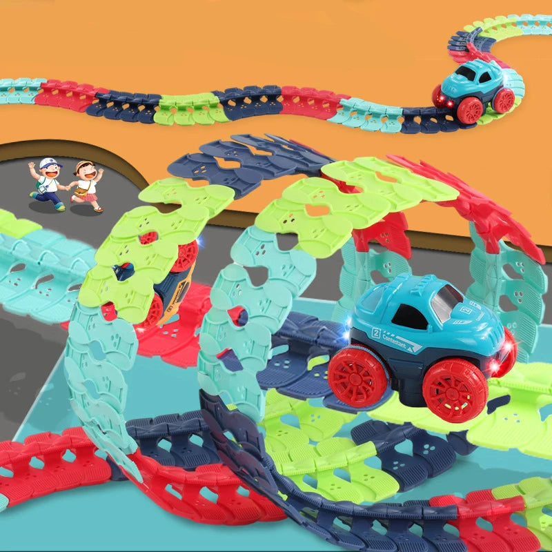 Creative DIY Railway LED Race Track set with toy cars for building and racing play.