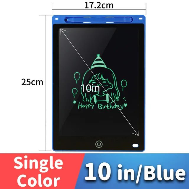 10-inch blue digital tablet with dimensions.