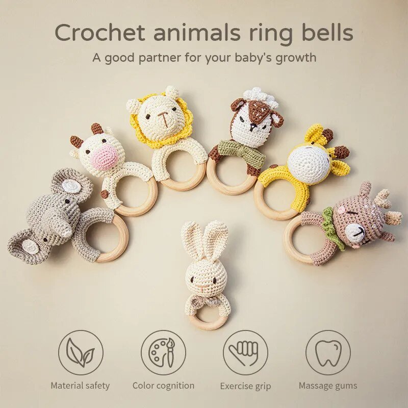 Crochet Animal Rattle and Teether plush toy with wooden ring for grasping practice and early motor skill development.