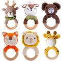 Crochet Animal Wooden Teether and BPA-free rattle for soothing sore gums and grip practice during early teething.
