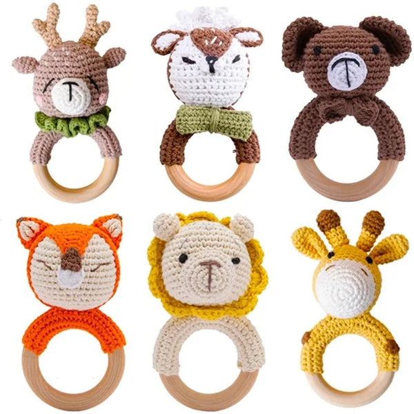 Crochet Animal Wooden Teether and BPA-free rattle for soothing sore gums and grip practice during early teething.