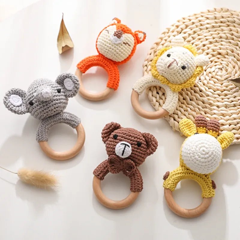 Crochet Animal Wooden Teether ring with natural wood and soft yarn for safe chewing, holding, and sensory play.
