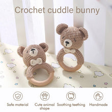 Soft cotton yarn detail on the crochet bear teether bracelet for gentle chewing comfort during teething.
