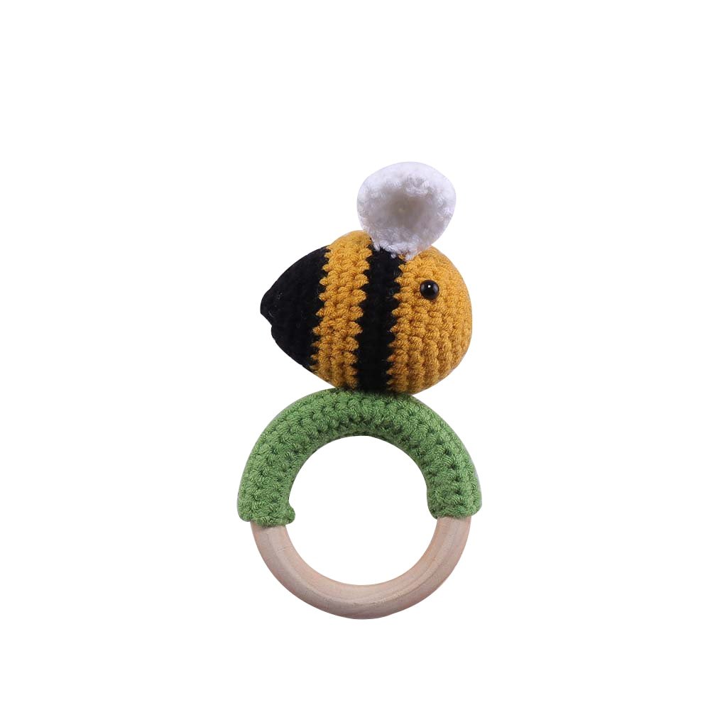 Crochet Bee Rattle and Teether plush toy with wooden ring detail for playroom decor and thoughtful gift sets.