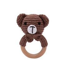 Handmade brown crochet bear rattle teether ring for baby gifting and everyday teething comfort.