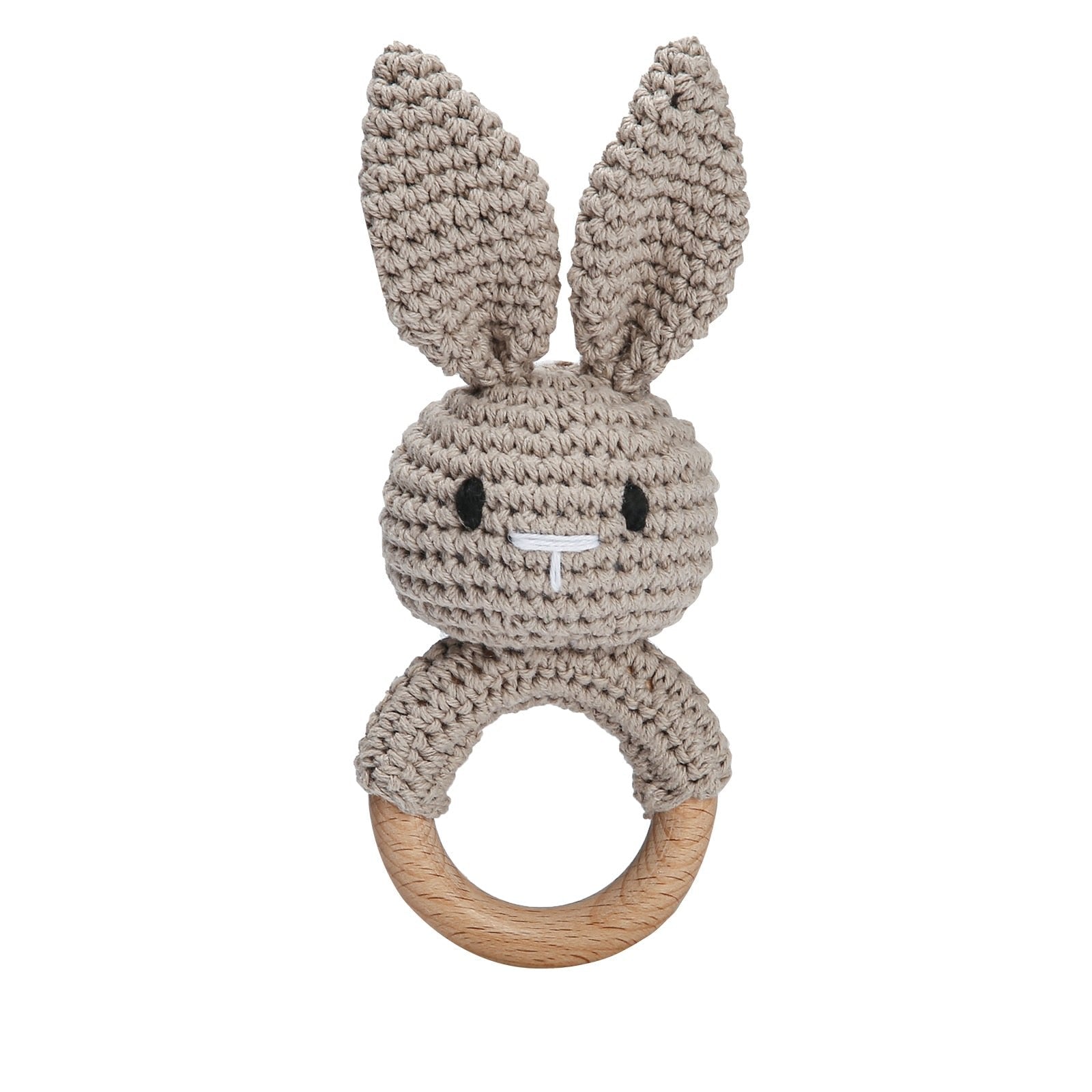 Crochet Brown Bunny Rattle and Teether plush toy with wooden ring detail for newborn gifting and baby shower presents.