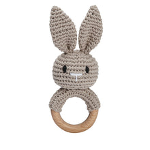 Crochet Brown Bunny Rattle and Teether plush toy with wooden ring detail for newborn gifting and baby shower presents.