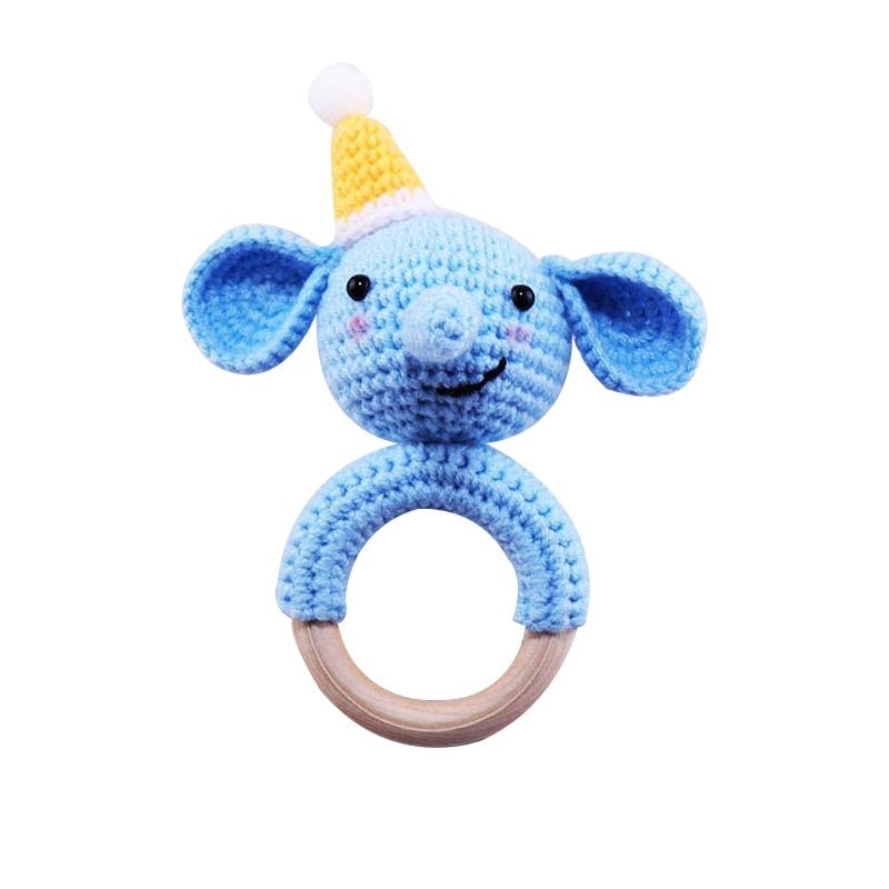 Crochet Bunny Rattle and Teether plush toy with wooden ring for baby shower gifting and keepsake.
