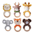 Crochet Bunny Rattle and Teether plush toy set with wooden ring for teething relief and sensory play.