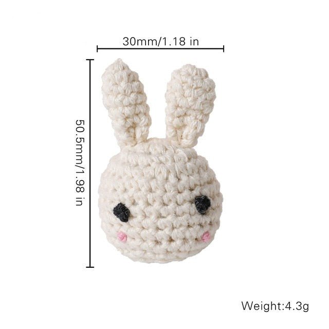 Crochet Bunny Teether plush toy with wooden ring styled for baby shower gifting and keepsake.
