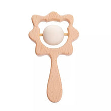 Crochet Cat Rattle and Teether plush toy with wooden ring for teething relief and sensory play.