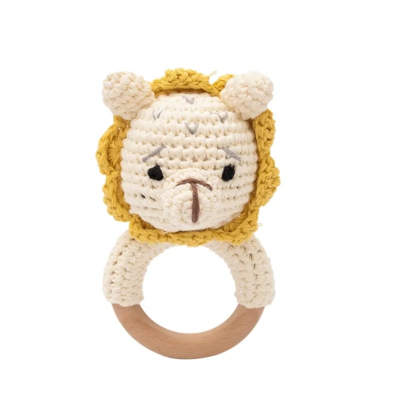 Cute crochet animal rattle teether bracelet as a handmade baby shower gift for teething and sensory play.