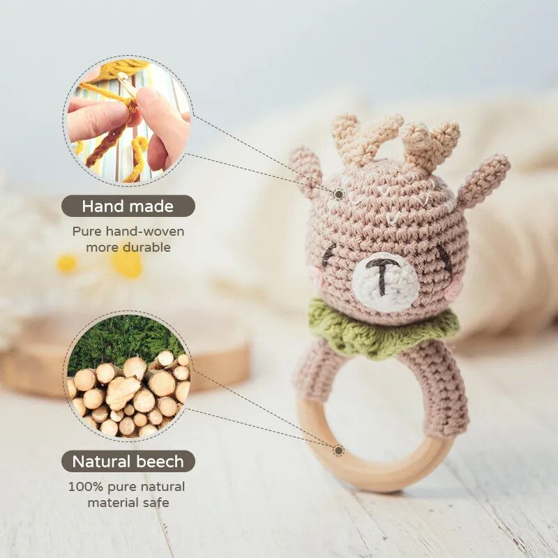 Crochet Deer Rattle and Teether plush toy with wooden ring for newborn gifting and baby shower presents.