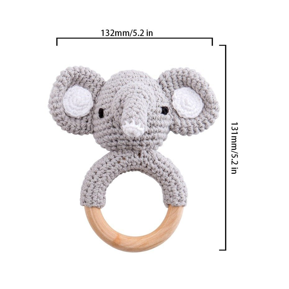 Crochet Elephant Rattle and Teether plush toy with wooden ring for playroom decor and thoughtful gift sets.