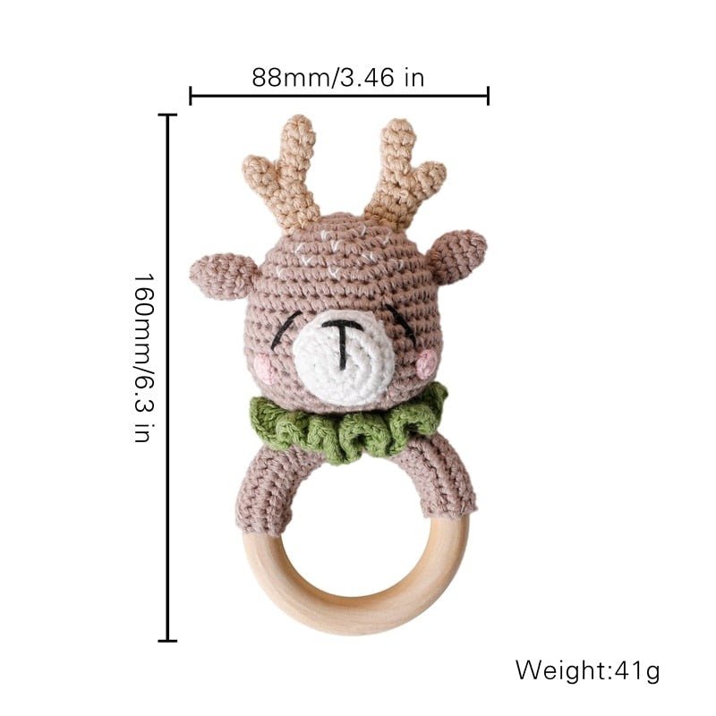 Crochet Elk Rattle and Teether plush toy with wooden ring for daily play and cuddle time.