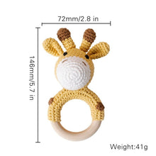 Crochet Giraffe Rattle and Teether plush toy with wooden ring detail for baby shower gifting and keepsake.