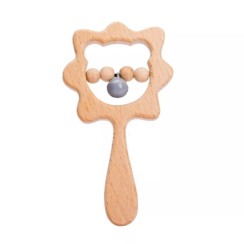 Crochet Gray Lion Rattle and Teether plush toy with wooden ring for baby shower gifting and keepsake.