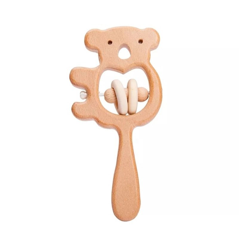 Crochet Koala Rattle and Teether plush toy with wooden ring for sensory development and tactile play.