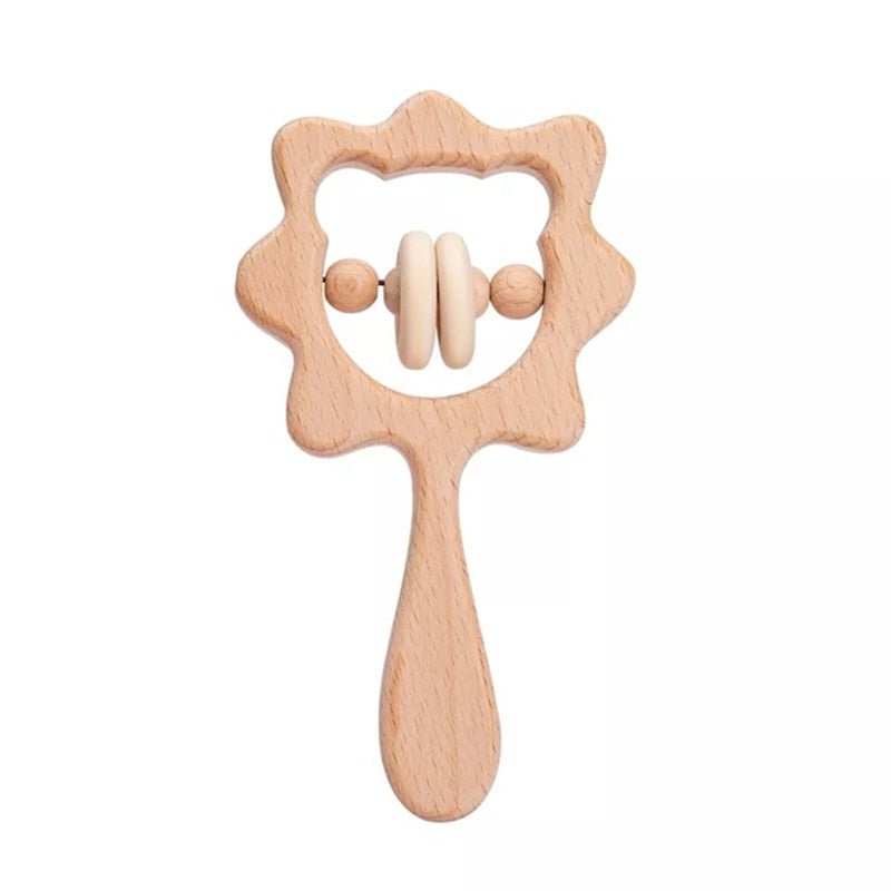 Crochet Lion Rattle and Teether plush toy with wooden ring close-up for baby shower gifting and keepsake.