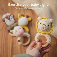 Crochet Lion Rattle and Teether plush toy with wooden ring for nursery decor and crib toy display.